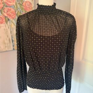 Black and Gold Mock Neck Sheer Top - Size S